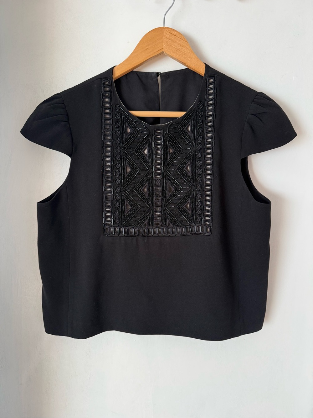Club Monaco Black Embroidered Cap-Sleeve Crop Top